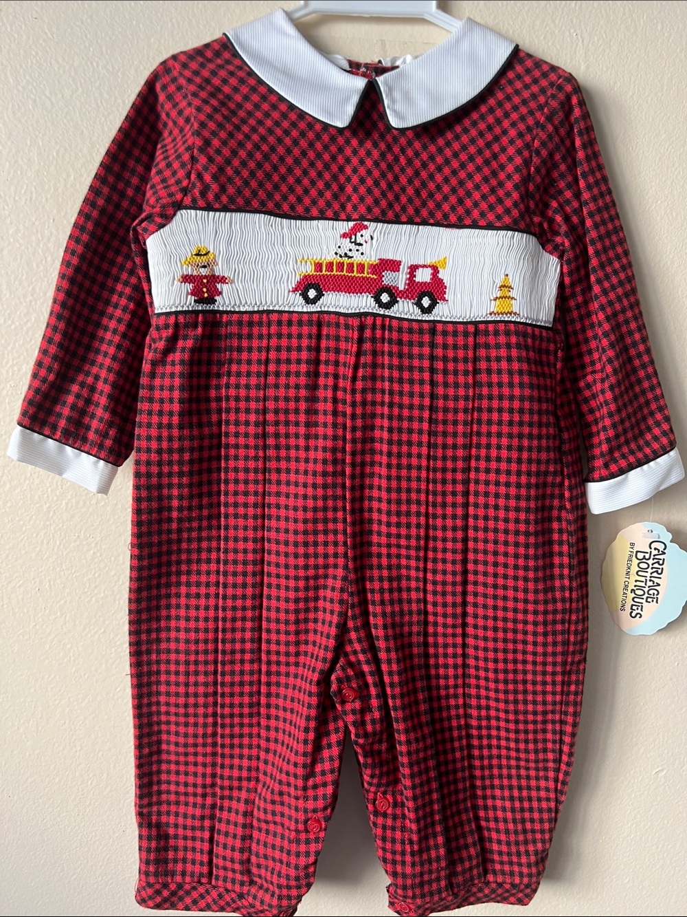 VTG Carriage Boutique Red & Black Plaid Kids Pajama Set with Fire Truck Smocking